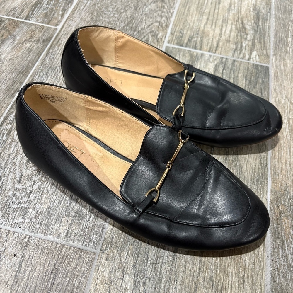 Loft Womens Sz 8 Black Loafers Comfort Vegan Heels Almond Toe Gold Buckle
